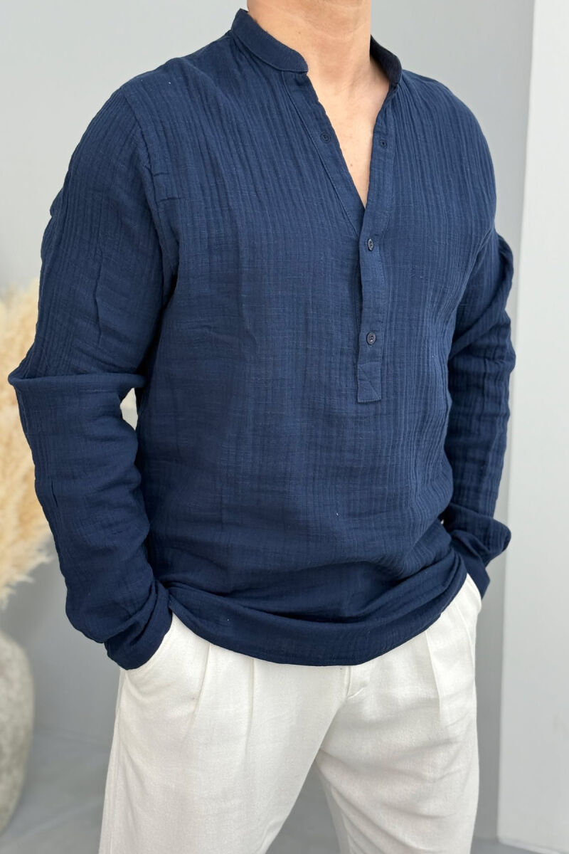 BUTTONED NECK ONE COLOR MEN SHIRT DARK BLUE/BEE - 3