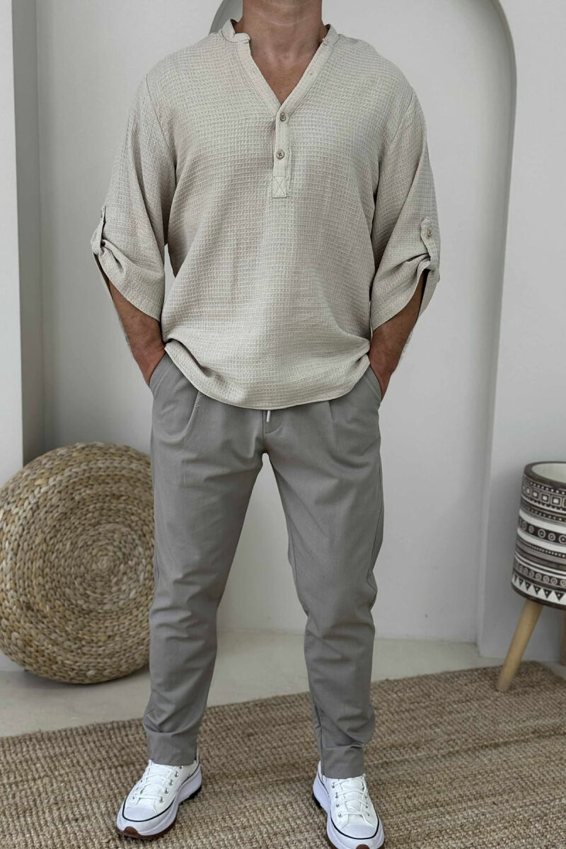 BUTTONED NECK ONE COLOR MEN T-SHIRT BEIGE/BEZHE - 1