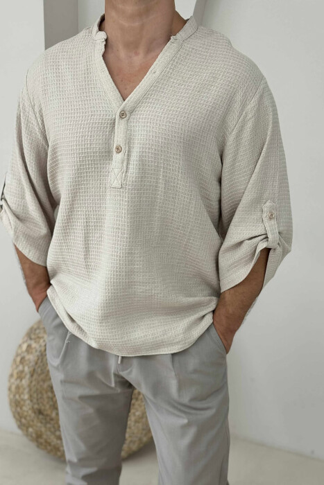 BUTTONED NECK ONE COLOR MEN T-SHIRT BEIGE/BEZHE - 2