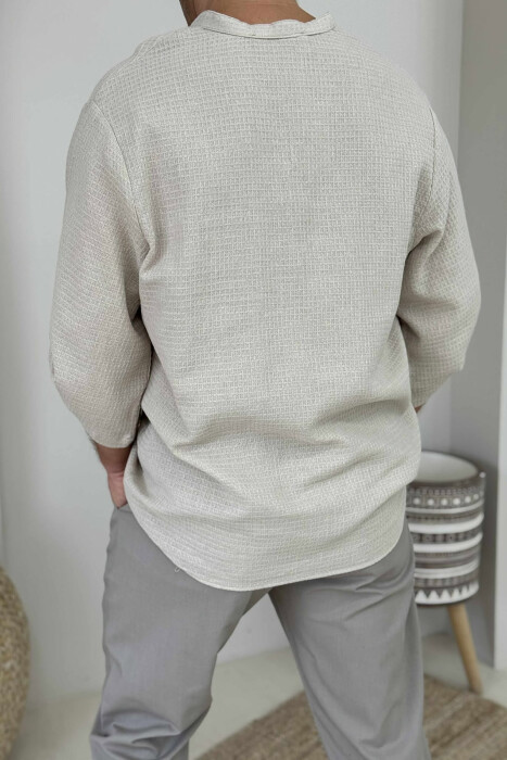 BUTTONED NECK ONE COLOR MEN T-SHIRT BEIGE/BEZHE - 3
