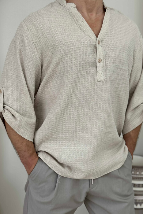 BUTTONED NECK ONE COLOR MEN T-SHIRT BEIGE/BEZHE - 4