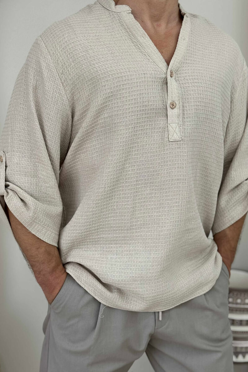 BUTTONED NECK ONE COLOR MEN T-SHIRT BEIGE/BEZHE - 4