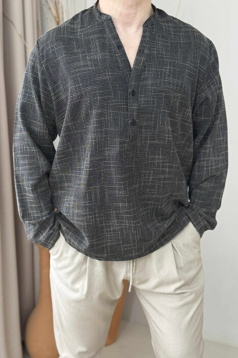BUTTONED NECK PLAID MEN SHIRT BLACK-WHITE/ZEBA - 1