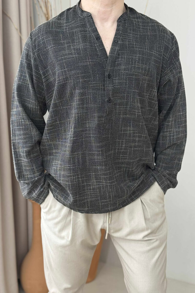 BUTTONED NECK PLAID MEN SHIRT BLACK-WHITE/ZEBA - 1