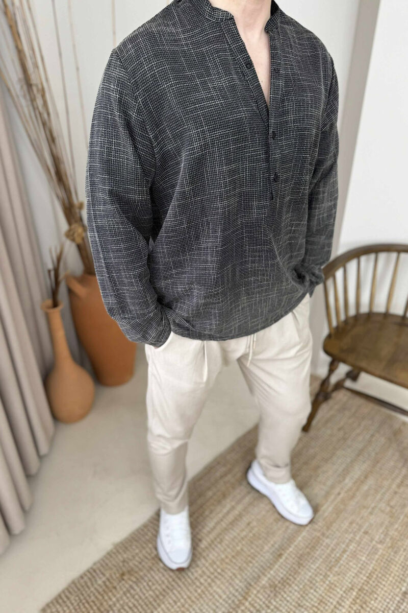 BUTTONED NECK PLAID MEN SHIRT BLACK-WHITE/ZEBA - 2
