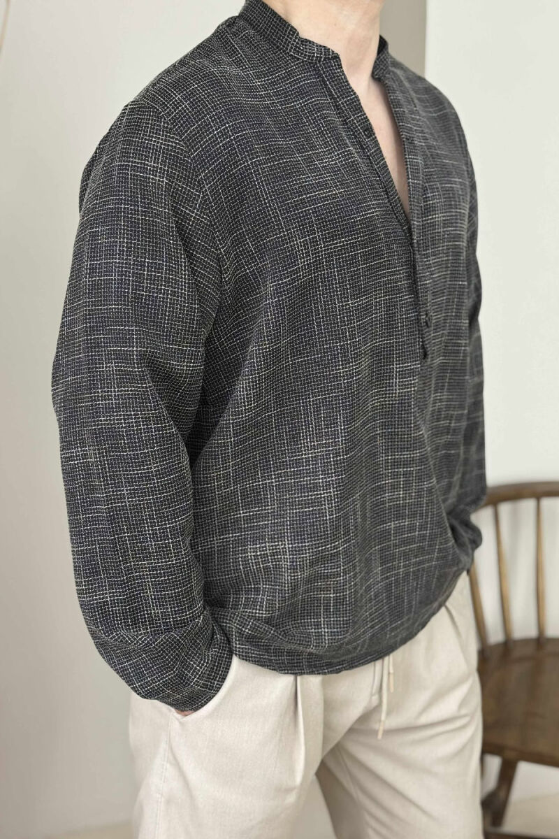 BUTTONED NECK PLAID MEN SHIRT BLACK-WHITE/ZEBA - 3
