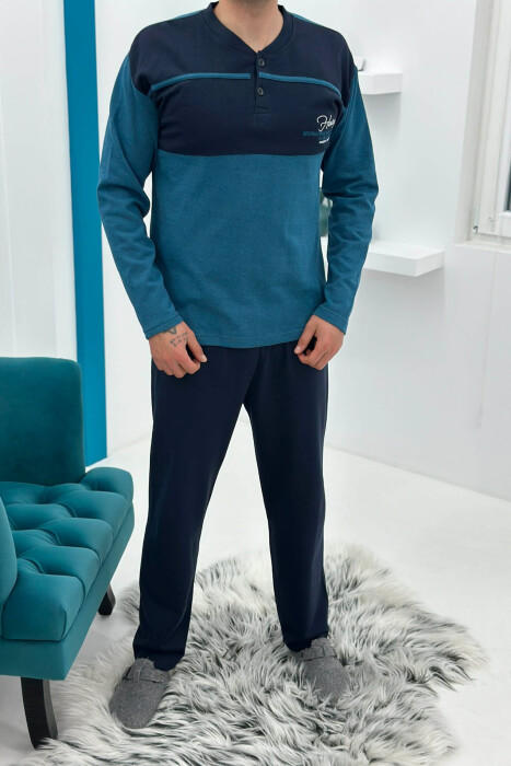 BUTTONED NECK SIMPLE SWEATSHIRT+SWEATPANTS MEN PYJAMAS BLUE STONE/GK - KLAUDIO FASHION