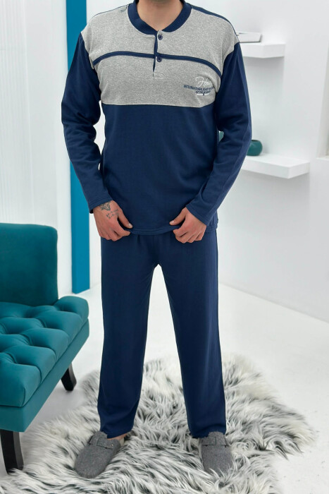 BUTTONED NECK SIMPLE SWEATSHIRT+SWEATPANTS MEN PYJAMAS BLUE/BLU - KLAUDIO FASHION