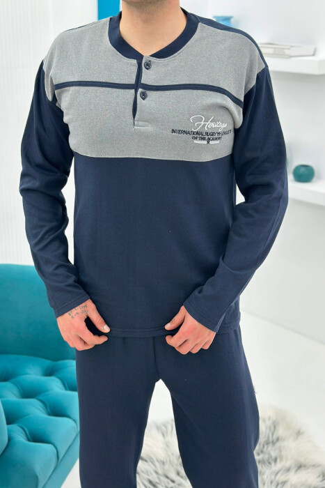 BUTTONED NECK SIMPLE SWEATSHIRT+SWEATPANTS MEN PYJAMAS DARK BLUE/BEE - KLAUDIO FASHION