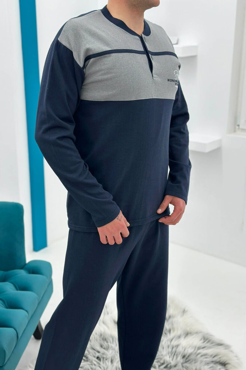 BUTTONED NECK SIMPLE SWEATSHIRT+SWEATPANTS MEN PYJAMAS DARK BLUE/BEE - 4