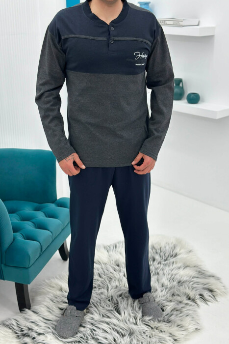 BUTTONED NECK SIMPLE SWEATSHIRT+SWEATPANTS MEN PYJAMAS DARK GREY/GEE - KLAUDIO FASHION