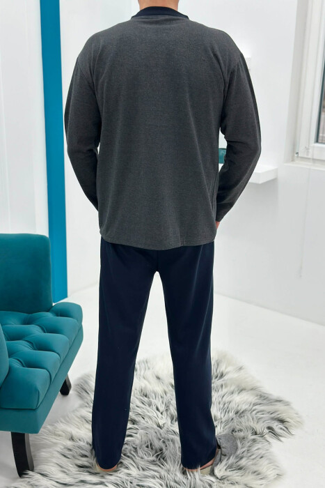 BUTTONED NECK SIMPLE SWEATSHIRT+SWEATPANTS MEN PYJAMAS DARK GREY/GEE - 2