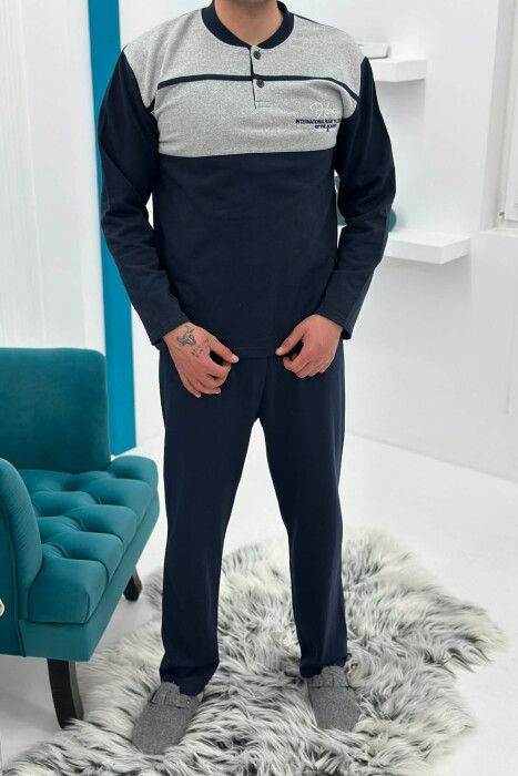 BUTTONED NECK SIMPLE SWEATSHIRT+SWEATPANTS MEN PYJAMAS GREY-DARK BLUE/GRBEE - KLAUDIO FASHION