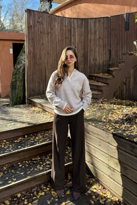 BUTTONED NECK SIMPLE WOMEN SWEATER BEIGE/BEZHE 