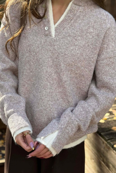 BUTTONED NECK SIMPLE WOMEN SWEATER BEIGE/BEZHE - 2