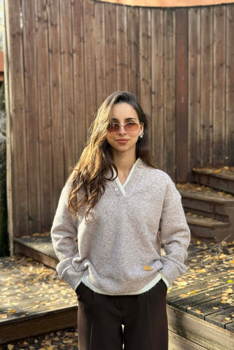 BUTTONED NECK SIMPLE WOMEN SWEATER BEIGE/BEZHE - 3