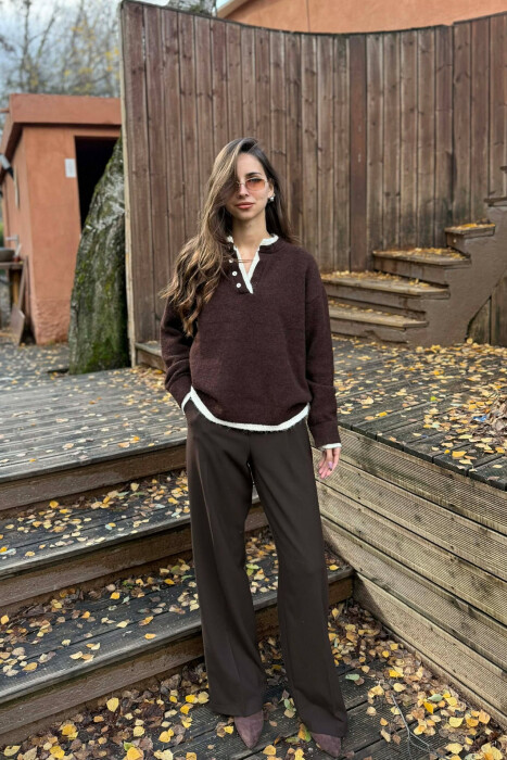 BUTTONED NECK SIMPLE WOMEN SWEATER DARK BROWN/KAE 