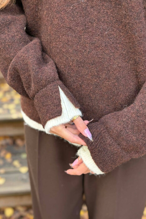 BUTTONED NECK SIMPLE WOMEN SWEATER DARK BROWN/KAE - 2