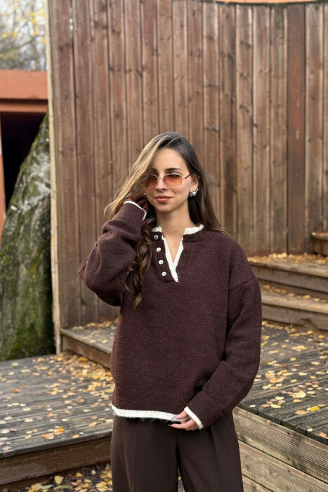 BUTTONED NECK SIMPLE WOMEN SWEATER DARK BROWN/KAE - 3