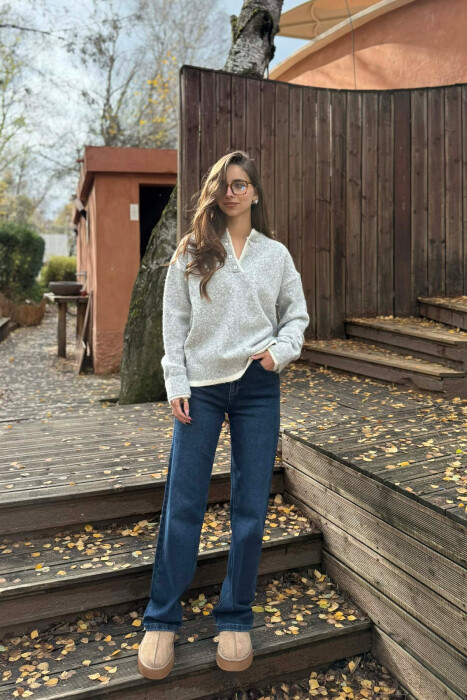 BUTTONED NECK SIMPLE WOMEN SWEATER LIGHT GREY/GZ - 1