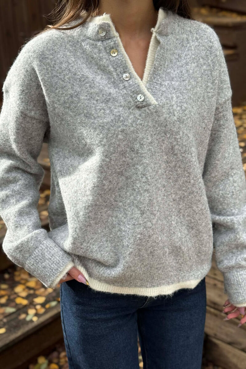 BUTTONED NECK SIMPLE WOMEN SWEATER LIGHT GREY/GZ - 2