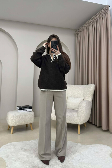 BUTTONED NECK SIMPLE WOMEN SWEATER OLIVE/ULLI - 3