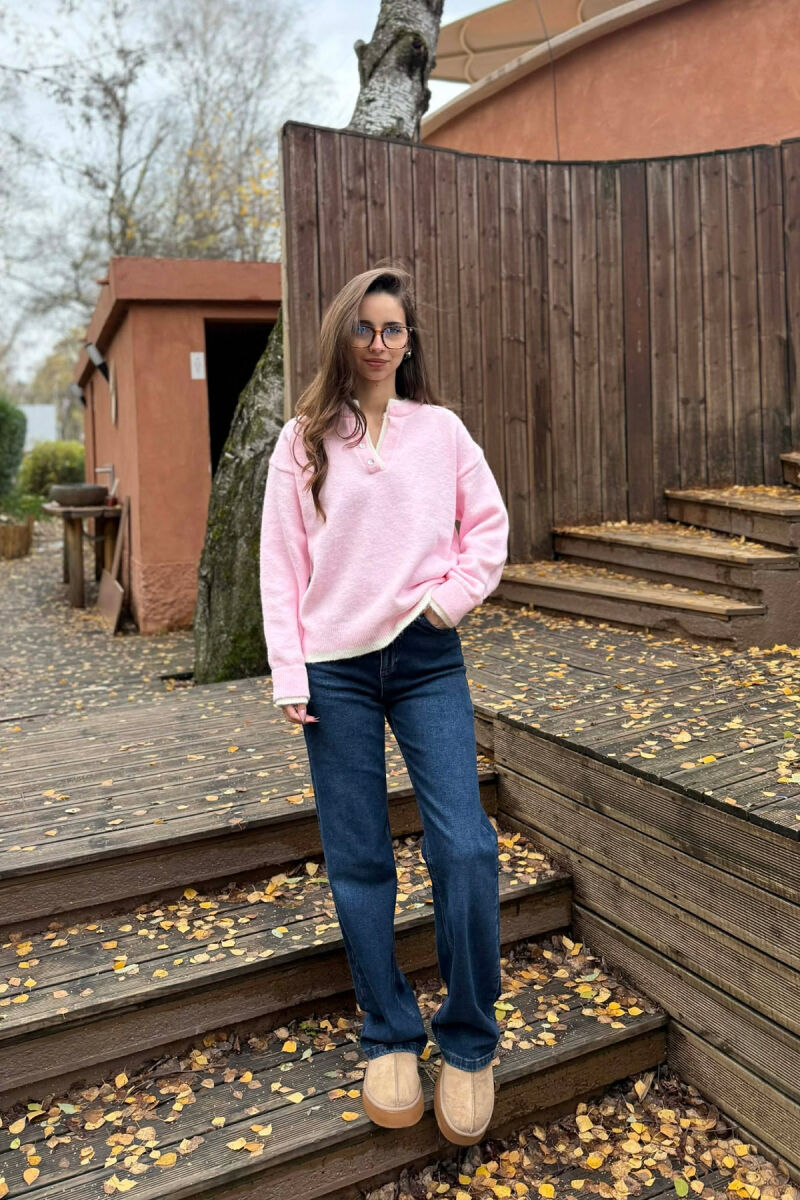BUTTONED NECK SIMPLE WOMEN SWEATER PINK/ROZE - 1
