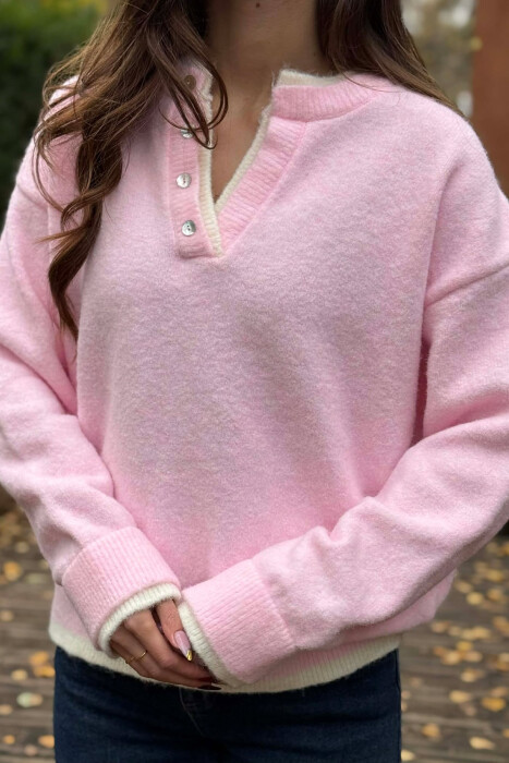 BUTTONED NECK SIMPLE WOMEN SWEATER PINK/ROZE - 2