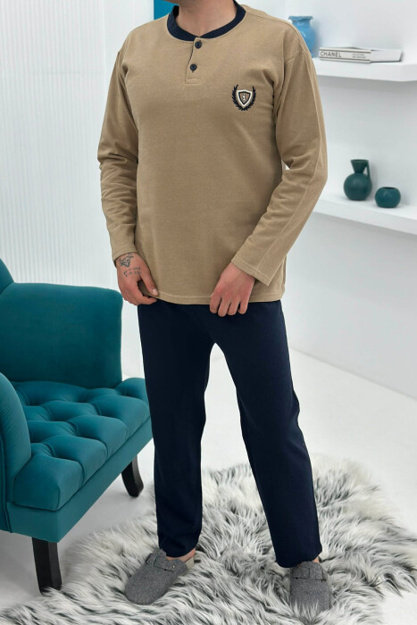 BUTTONED NECK SWEATSHIRT+SWEATPANTS MEN PYJAMAS BEIGE/BEZHE - 2