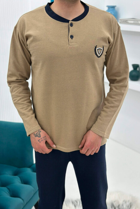BUTTONED NECK SWEATSHIRT+SWEATPANTS MEN PYJAMAS BEIGE/BEZHE - 4