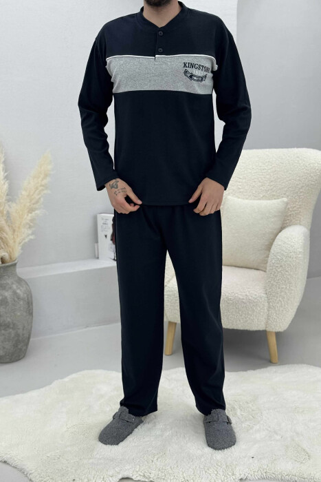 BUTTONED NECK SWEATSHIRT+SWEATPANTS MEN PYJAMAS DARK BLUE/BEE - 1