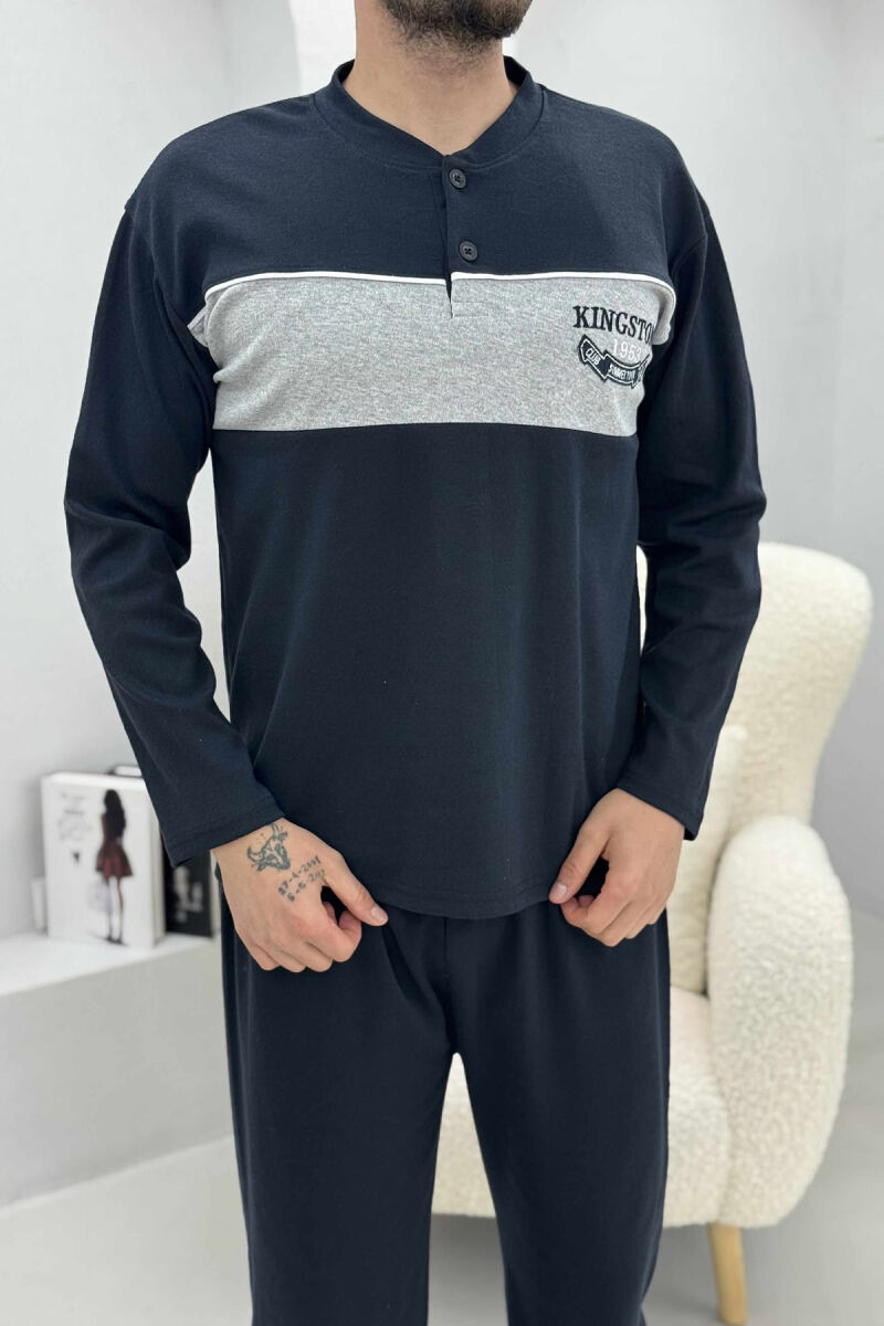 BUTTONED NECK SWEATSHIRT+SWEATPANTS MEN PYJAMAS DARK BLUE/BEE - 2