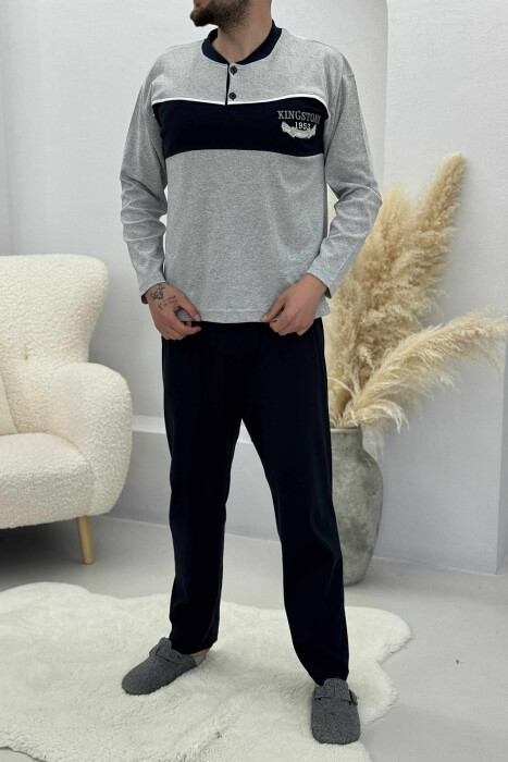 BUTTONED NECK SWEATSHIRT+SWEATPANTS MEN PYJAMAS LIGHT GREY/GZ - KLAUDIO FASHION