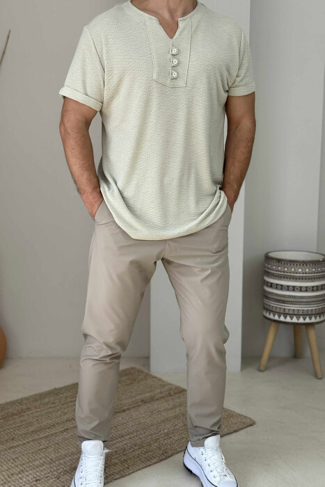 BUTTONED ONE COLOR MEN T-SHIRT BEIGE/BEZHE - 1