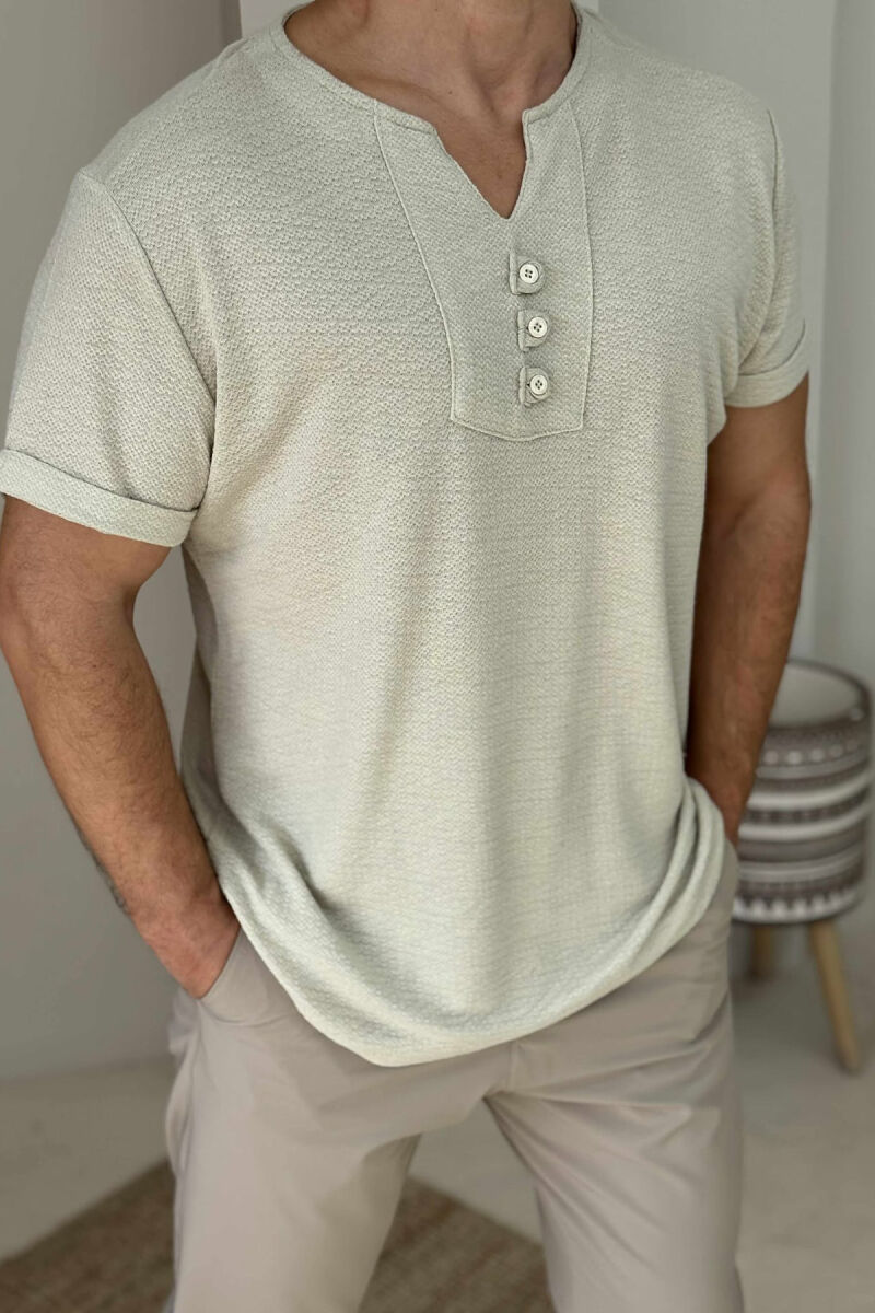 BUTTONED ONE COLOR MEN T-SHIRT BEIGE/BEZHE - 3