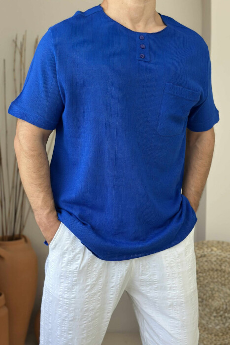 BUTTONED ONE COLOR MEN T-SHIRT BLUE/BLU - 2