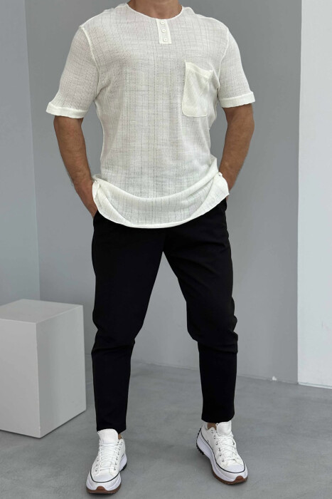 BUTTONED ONE COLOR MEN T-SHIRT CREAM/KREM - 1