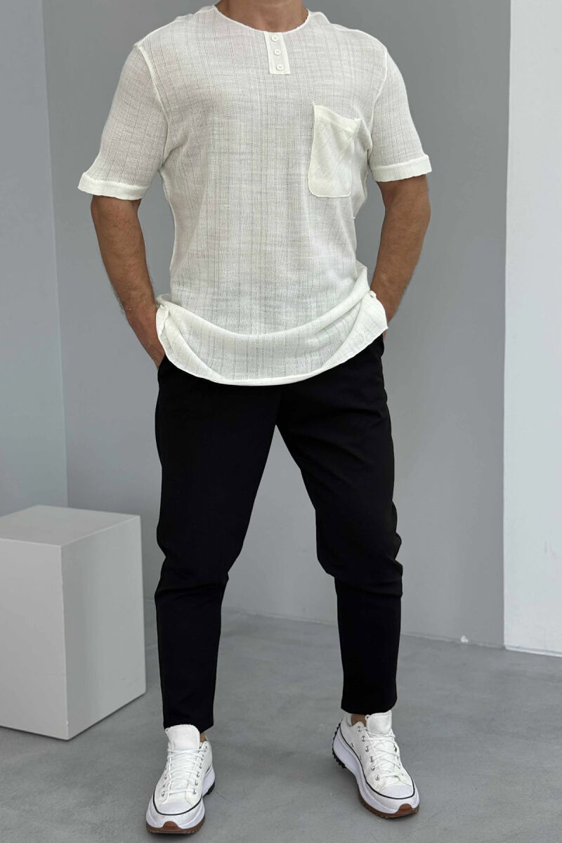 BUTTONED ONE COLOR MEN T-SHIRT CREAM/KREM - 1