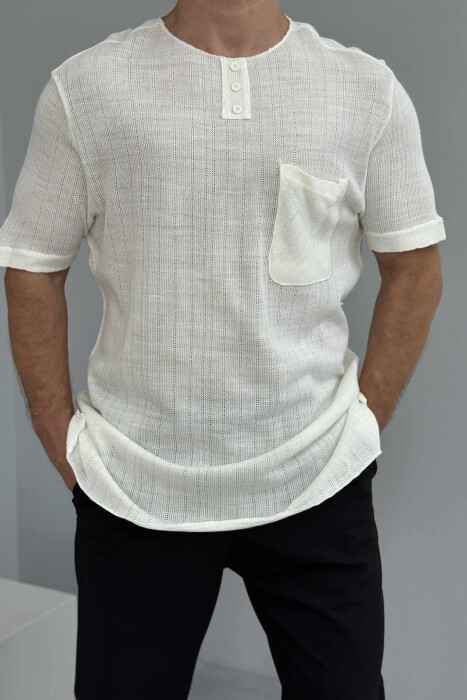 BUTTONED ONE COLOR MEN T-SHIRT CREAM/KREM - 3