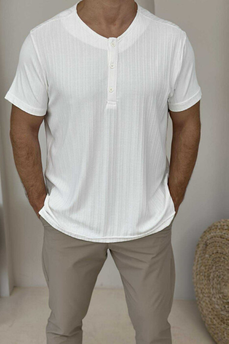 BUTTONED ONE COLOR MEN T-SHIRT WHITE-E BARDHE - 3