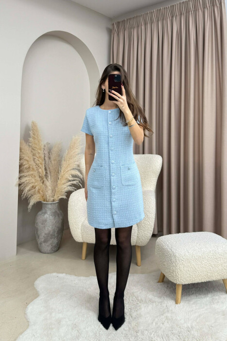BUTTONED ONE COLOR WOMEN DRESS LIGHTBLUE/BZ - KLAUDIO FASHION