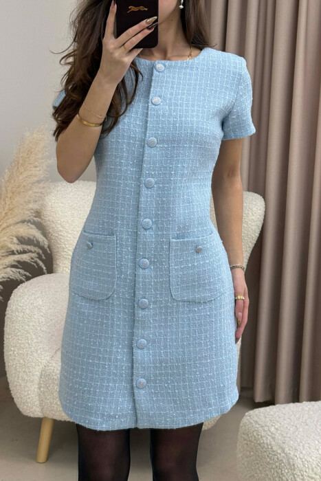BUTTONED ONE COLOR WOMEN DRESS LIGHTBLUE/BZ - 2