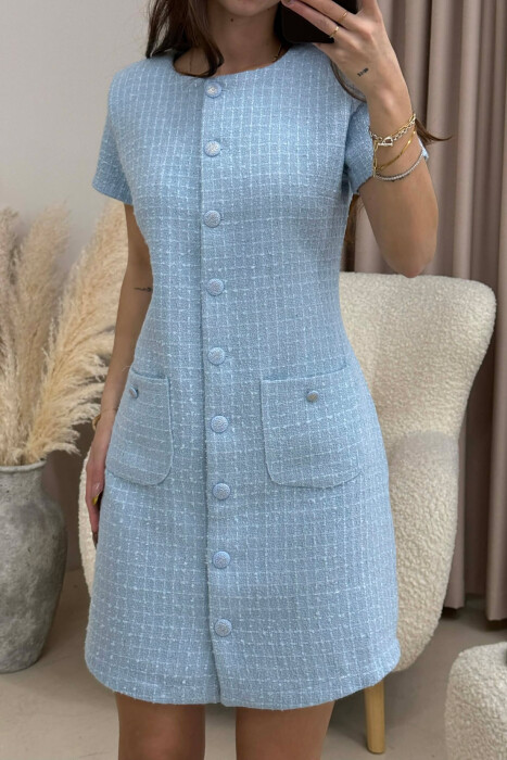 BUTTONED ONE COLOR WOMEN DRESS LIGHTBLUE/BZ - 6