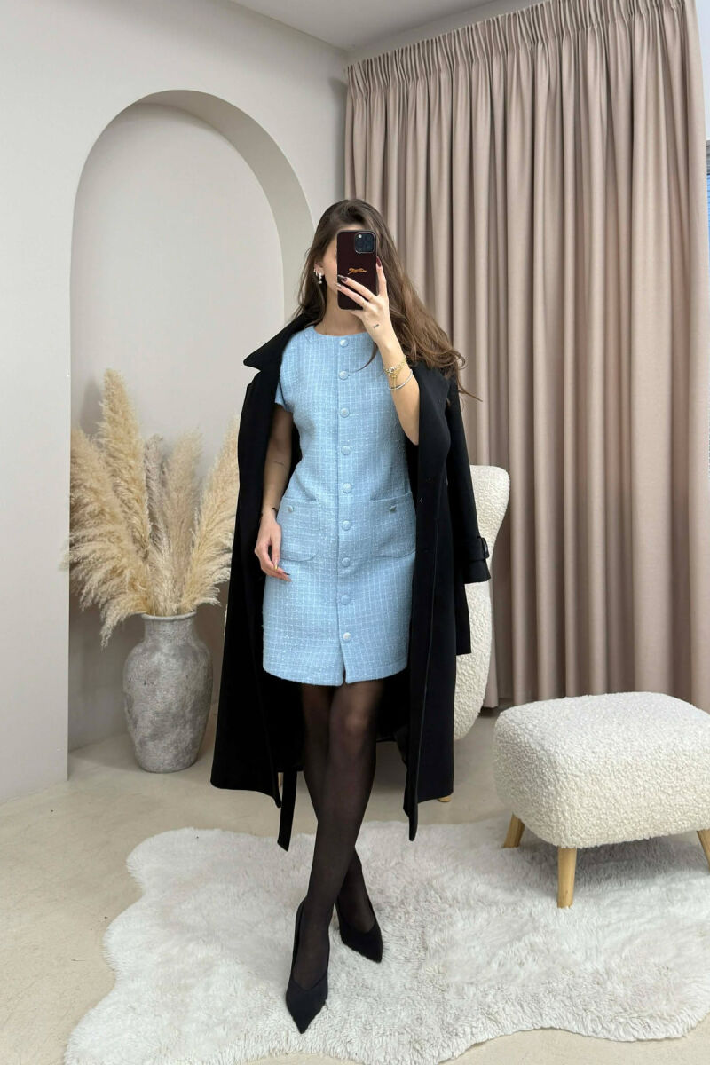 BUTTONED ONE COLOR WOMEN DRESS LIGHTBLUE/BZ - 7