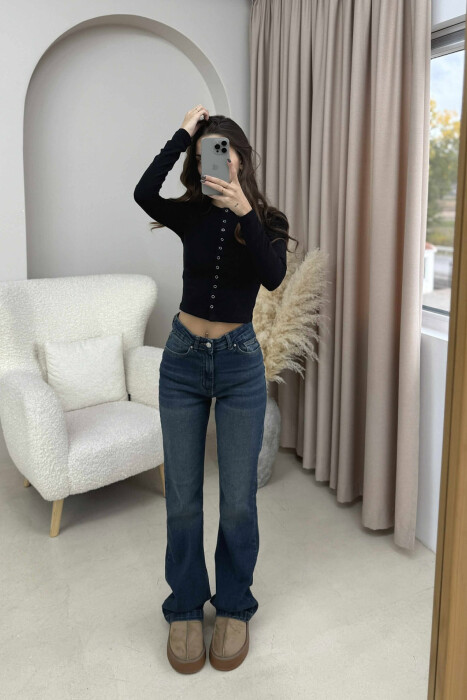 BUTTONED ONE COLOR WOMEN SWEATSHIRT BLACK/ E ZEZE 