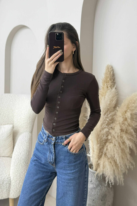 BUTTONED ONE COLOR WOMEN SWEATSHIRT BROWN/KAFE 