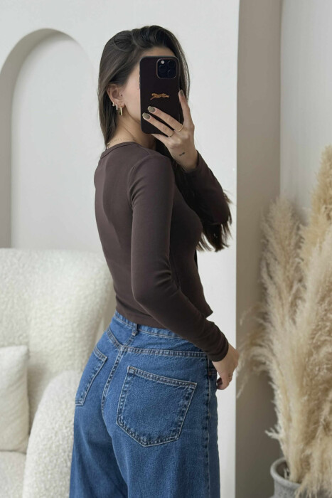 BUTTONED ONE COLOR WOMEN SWEATSHIRT BROWN/KAFE - 2