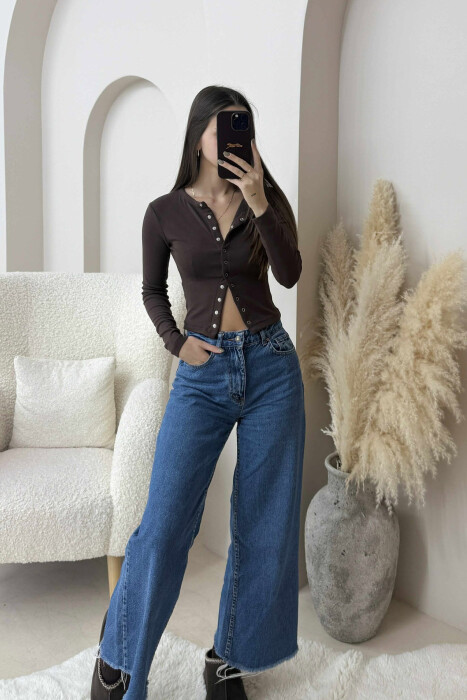 BUTTONED ONE COLOR WOMEN SWEATSHIRT BROWN/KAFE - 3