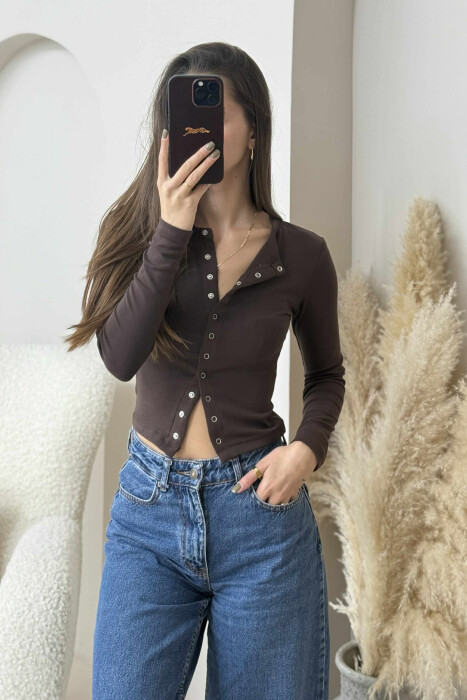 BUTTONED ONE COLOR WOMEN SWEATSHIRT BROWN/KAFE - 4