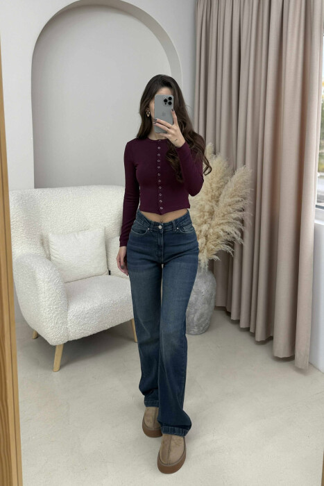 BUTTONED ONE COLOR WOMEN SWEATSHIRT BURGUNDY/VISHNJE - 1